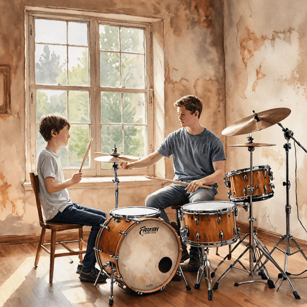 Young drum student seated at an acoustic drum kit during a private lesson with a teacher demonstrating technique
