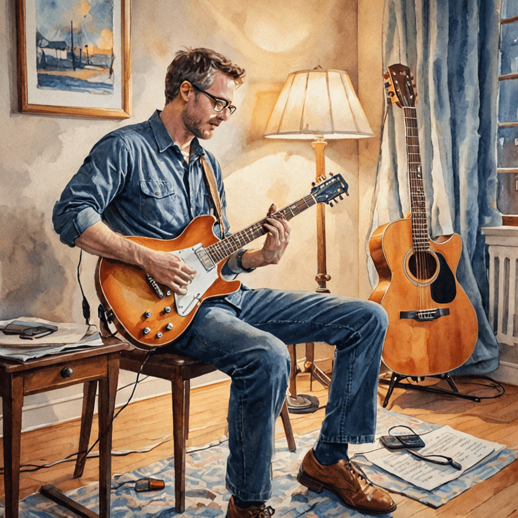 Adult learner playing an electric guitar through a small practice amplifier in a home music space