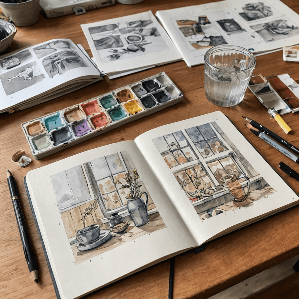 Sketchbook and portfolio pieces laid out on a wooden table for an ESA visual arts audition