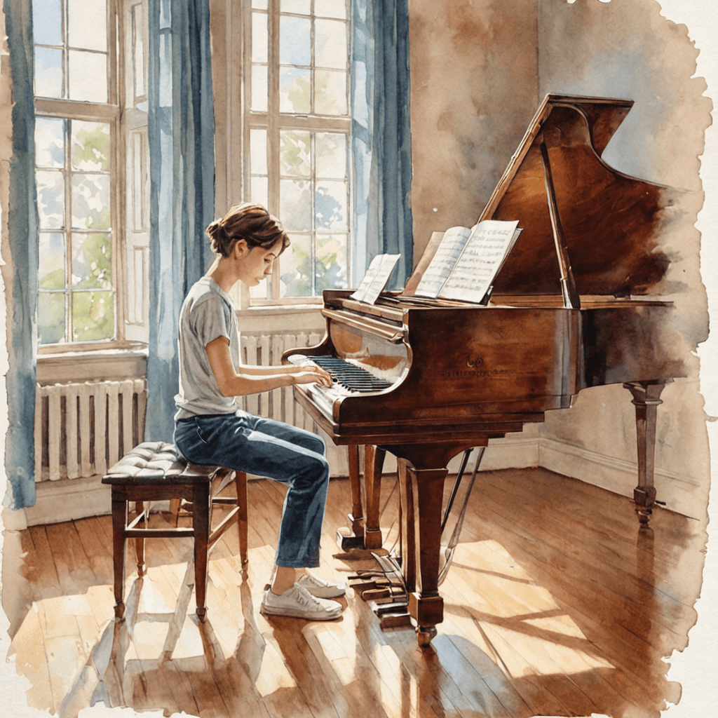 Teen music student rehearsing audition pieces with sheet music open on a music stand in a quiet practice room