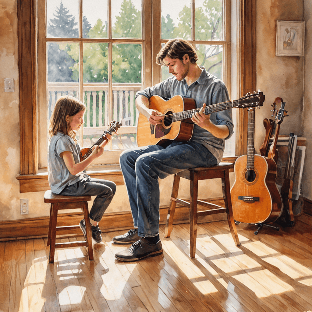 Young beginner guitar student holding an acoustic guitar correctly during a lesson with teacher guidance