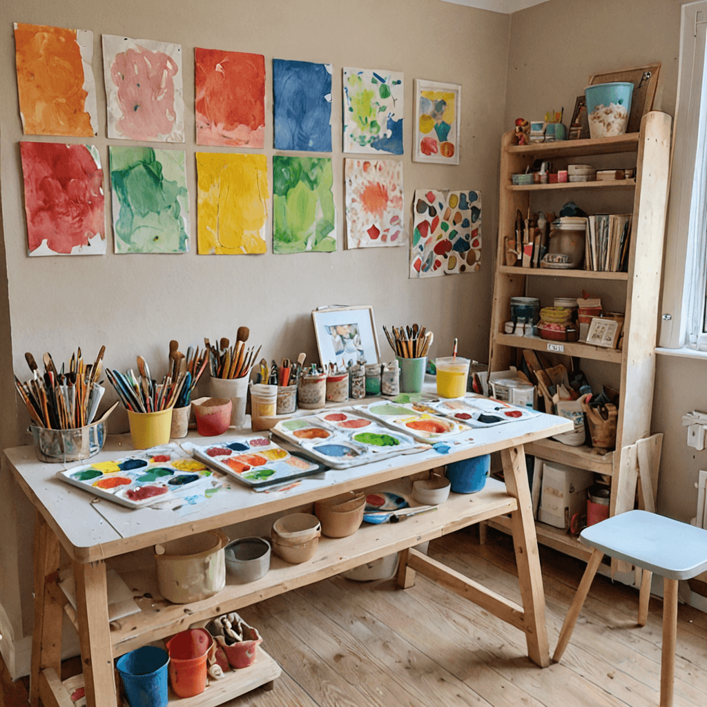 Watercolour illustration of children creating mixed media art with paint, collage, and drawing materials in a bright Etobicoke art studio