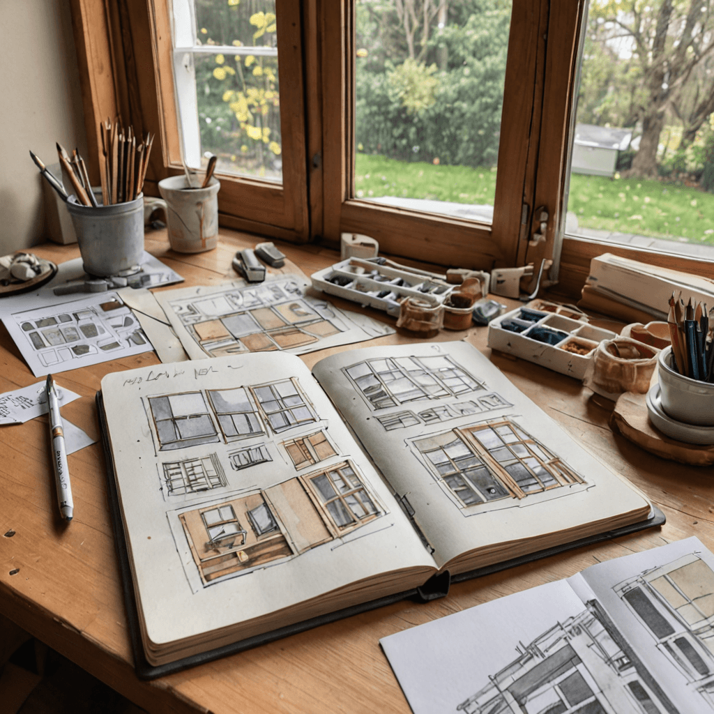 Sketchbook spread showing perspective drawings of interior environments for an OCAD Environmental Design portfolio