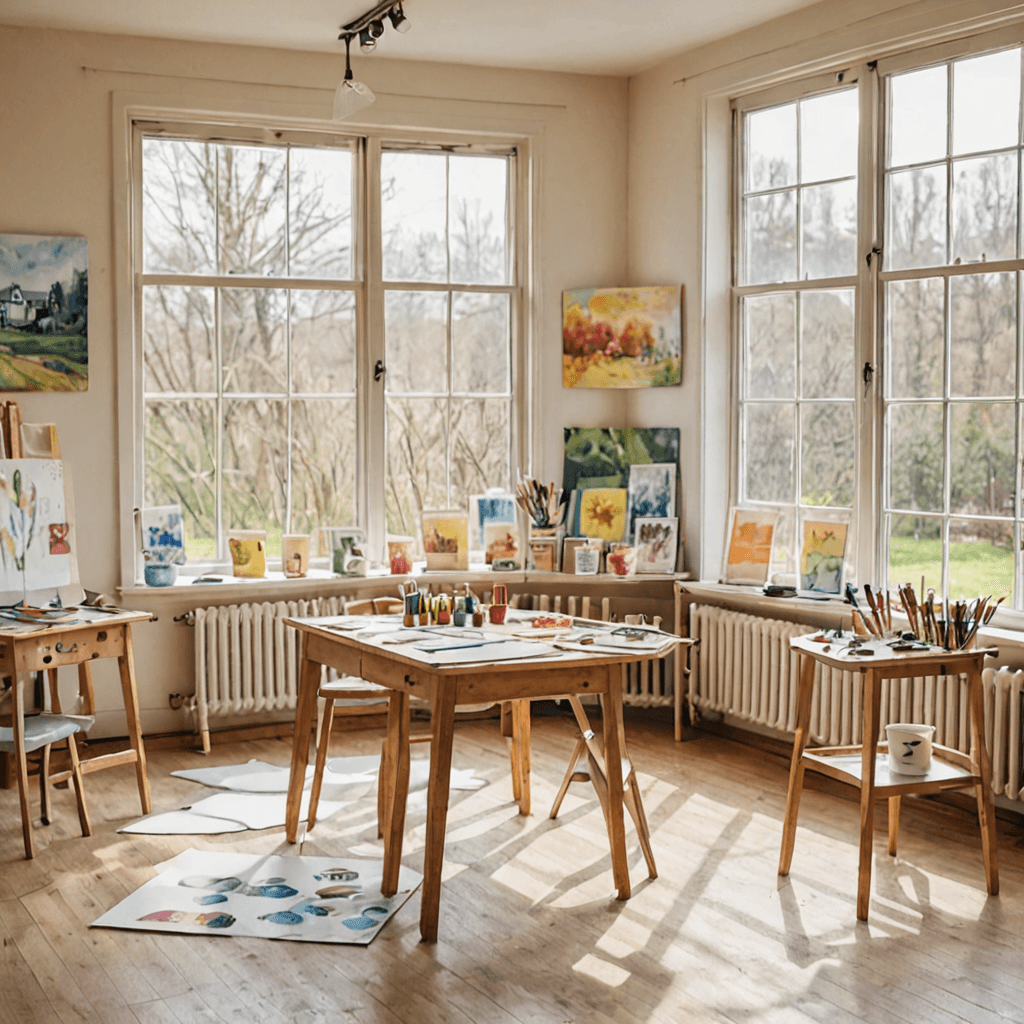 Children's painting studio with easels, watercolour palettes, and brushes set up for a group art class in Etobicoke