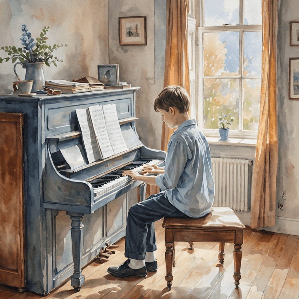 Watercolour illustration contrasting an in-person piano lesson with a child learning piano over a laptop screen at home in Etobicoke