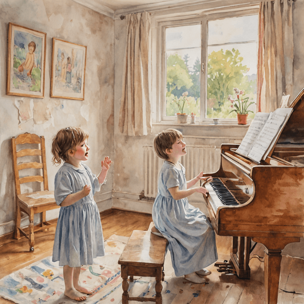 Watercolour illustration of a child taking a private singing lesson with a vocal teacher