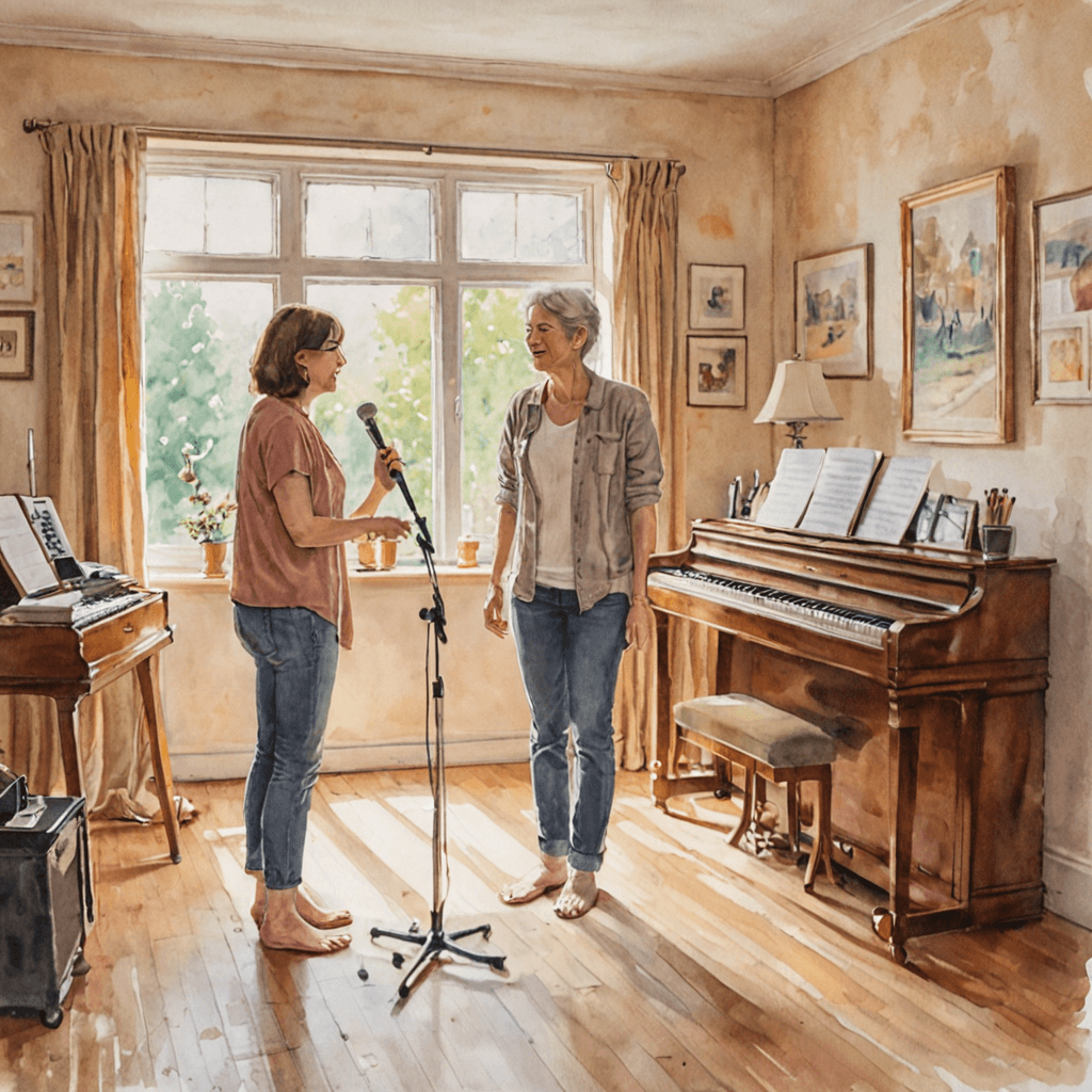 Watercolour illustration of an adult learning to sing with a vocal coach in a relaxed studio