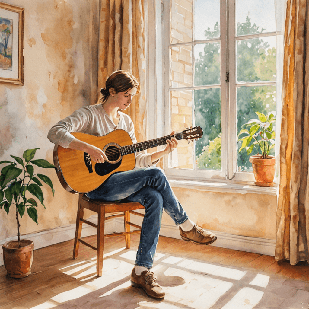 Beginner practising acoustic guitar by a window in an Etobicoke studio, watercolour impressionist style