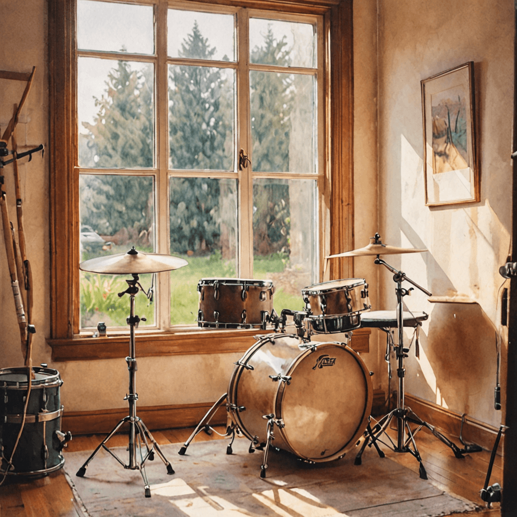 Watercolour illustration of a drum kit in a warm home practice room with sticks resting on the snare, soft window light, no faces