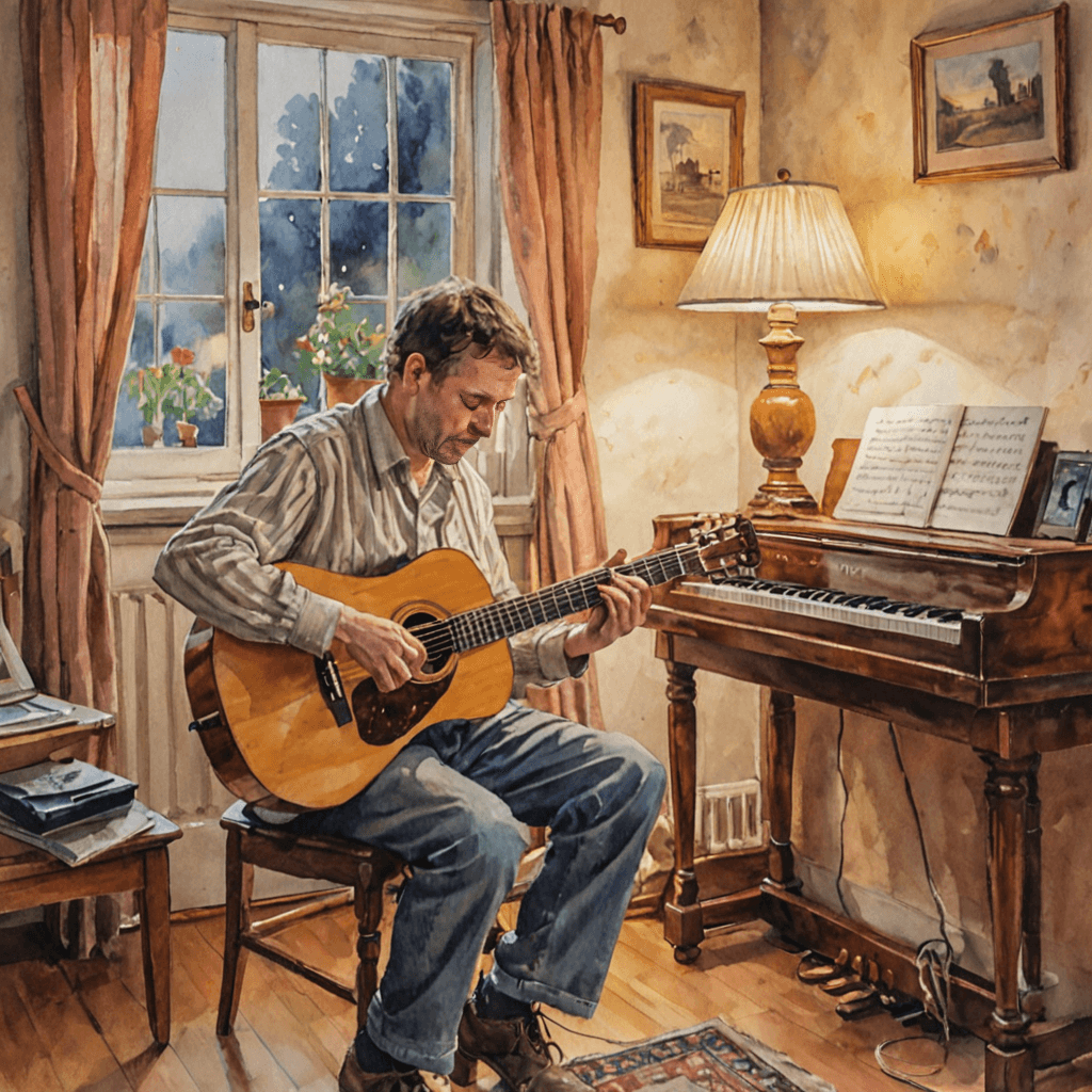 Watercolour of a working adult practising guitar at home in the evening, instrument on a stand in a cosy living room, warm lamp light
