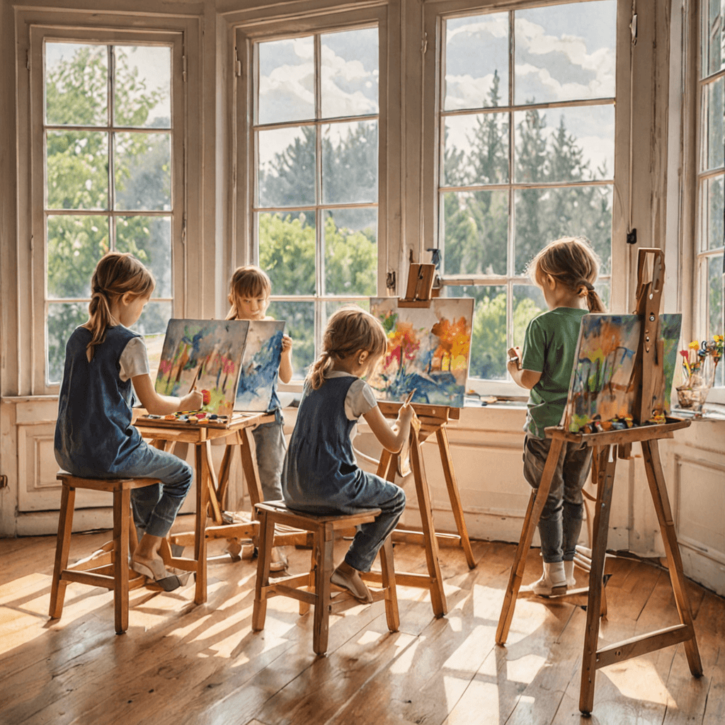 Children painting at easels in a bright Mississauga-area art studio, watercolour impressionist style