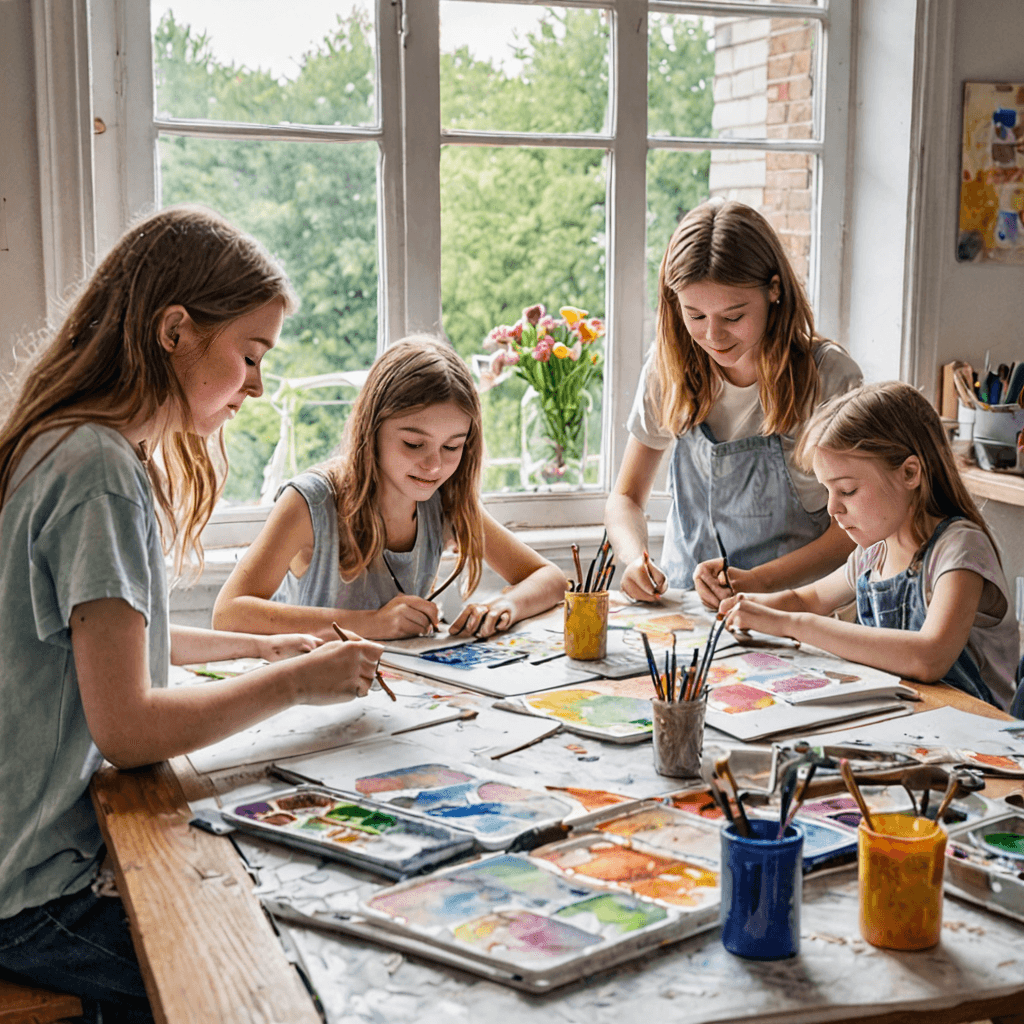 Watercolour of tweens working on drawings at a shared art studio table in Etobicoke, colourful supplies, bright natural light, focused and cheerful mood