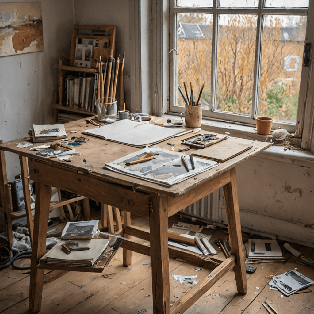 Oil painting of a teenager's art portfolio spread on a table with sketchbooks, pencil studies, and colour work