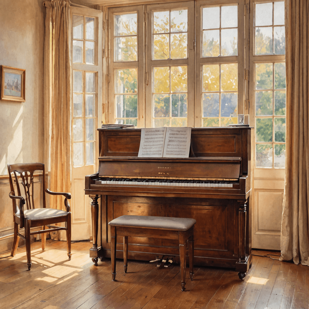 Watercolour illustration of an arts audition studio with a piano, music stand, and drama space bathed in warm light, no faces