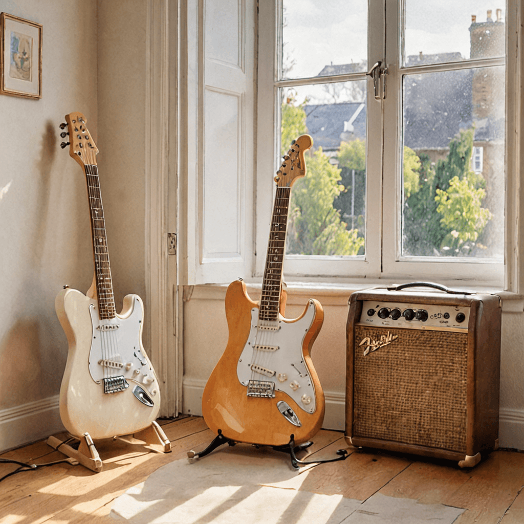 Watercolour illustration of a small-scale electric guitar leaning against an amp in a warm, bright child's music room, no faces