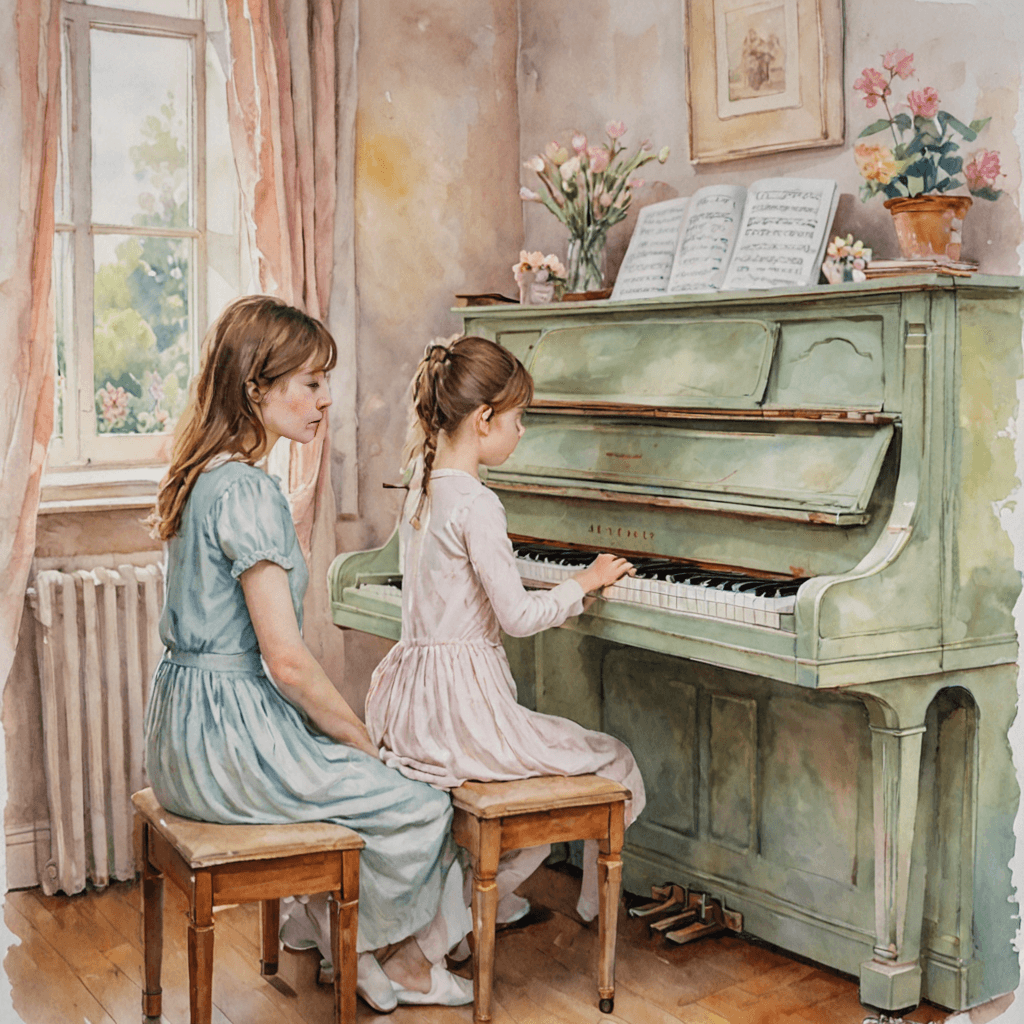 Watercolour scene of a child seated at an upright piano during a first lesson beside a teacher, warm afternoon light through a studio window