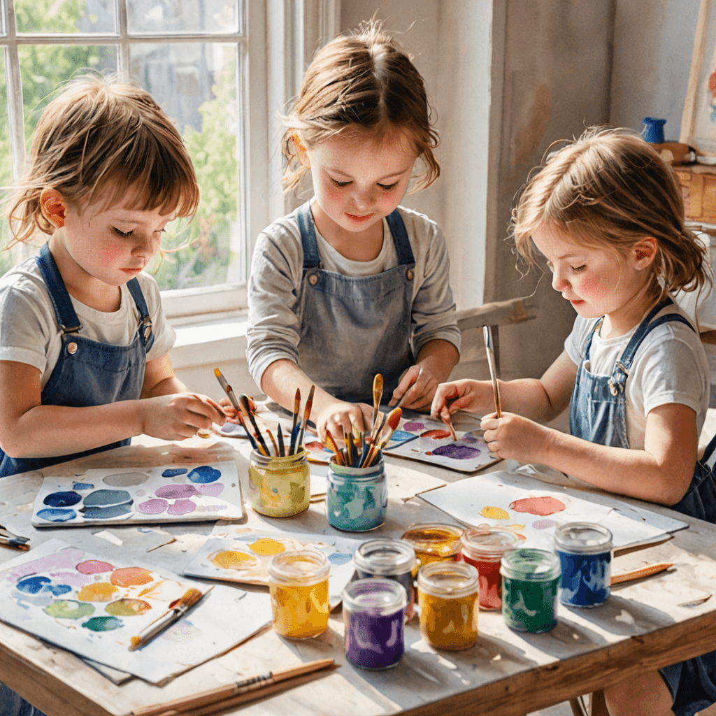 Small group of children painting together at a shared table in a Mississauga-area art studio, watercolour impressionist style