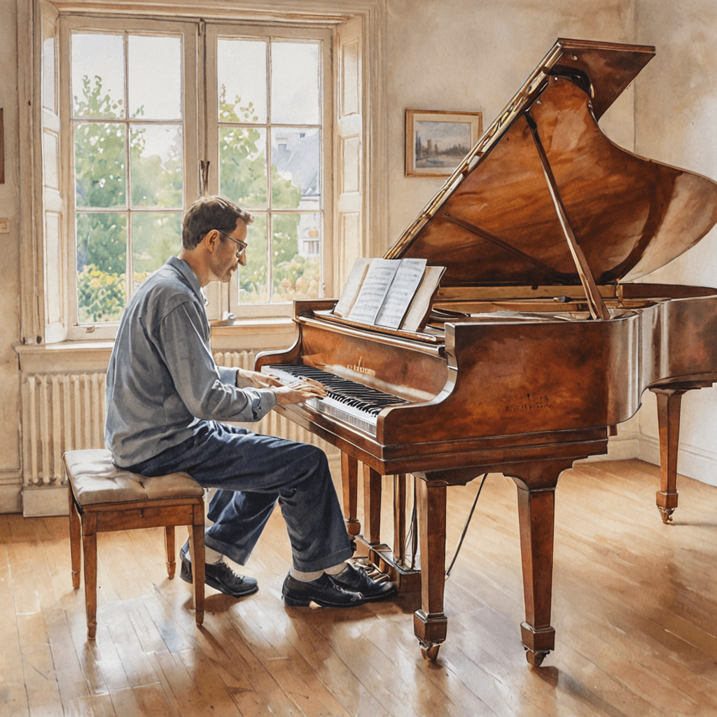 Watercolour of an adult learner and a music teacher at a piano in a one-on-one lesson, warm studio light, relaxed focused mood
