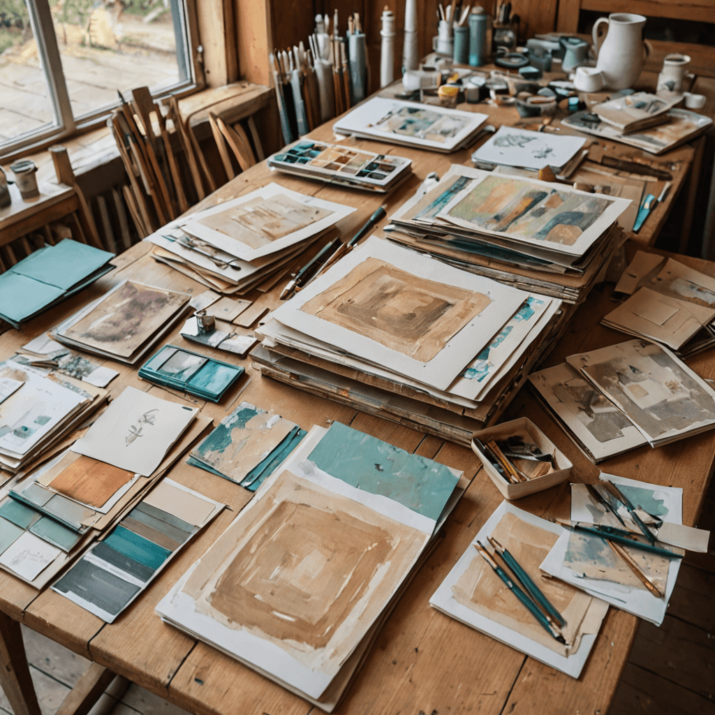 Oil painting of an array of art portfolio pieces fanned out on a studio table, showing drawings, paintings, and sketchbook pages