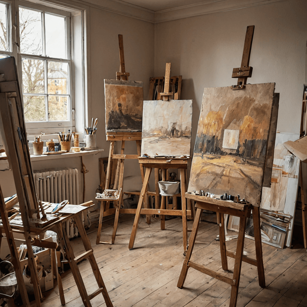 Oil painting style illustration of an artist's studio with canvases, drawing studies pinned to a wall, and paint palette in warm light, no faces