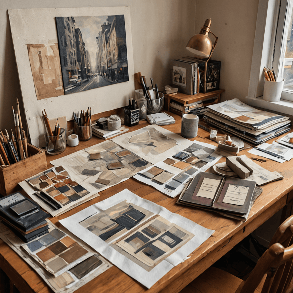 Oil painting of an interior design portfolio spread with spatial sketches, a small architectural model, and material samples on a studio desk, warm directed light