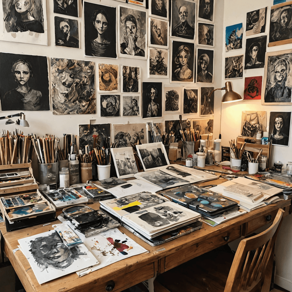 Oil painting of a teenage artist's studio table layered with sketchbooks, drawings, and paint, warm light, curated works pinned to a wall