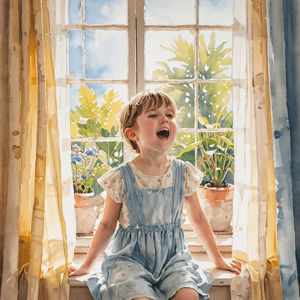 Watercolour illustration of a child singing joyfully in a bright room with soft musical notes floating in the air