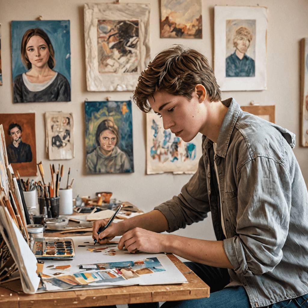Oil painting style illustration of a teen artist arranging a portfolio of varied artworks on a studio wall, warm tones