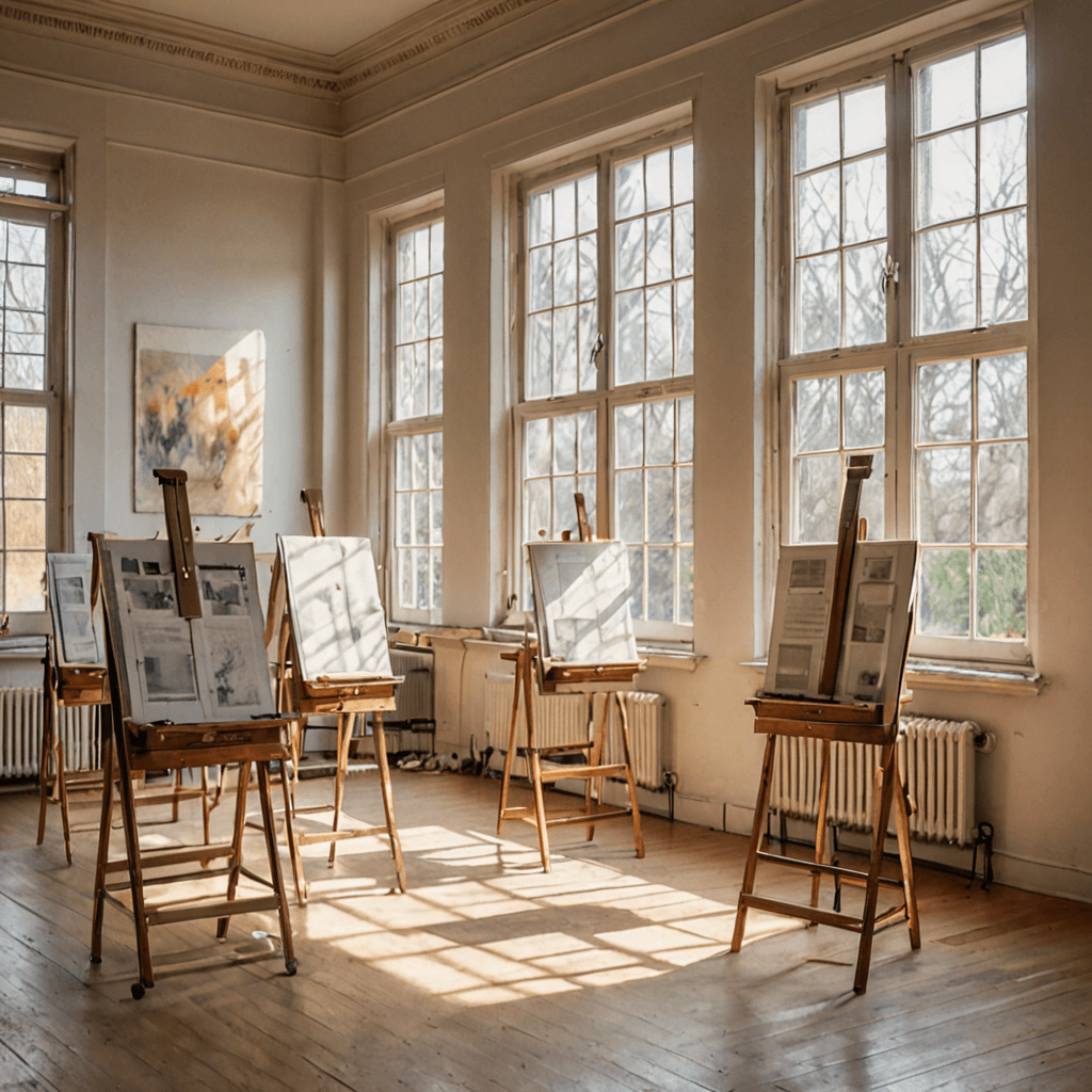 Watercolour illustration of a bright arts high school studio with easels, music stands, and warm afternoon light, no faces