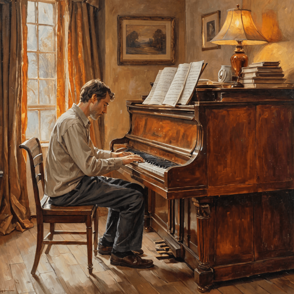 Oil painting of an adult sitting thoughtfully at a piano in a warm study, sheet music open