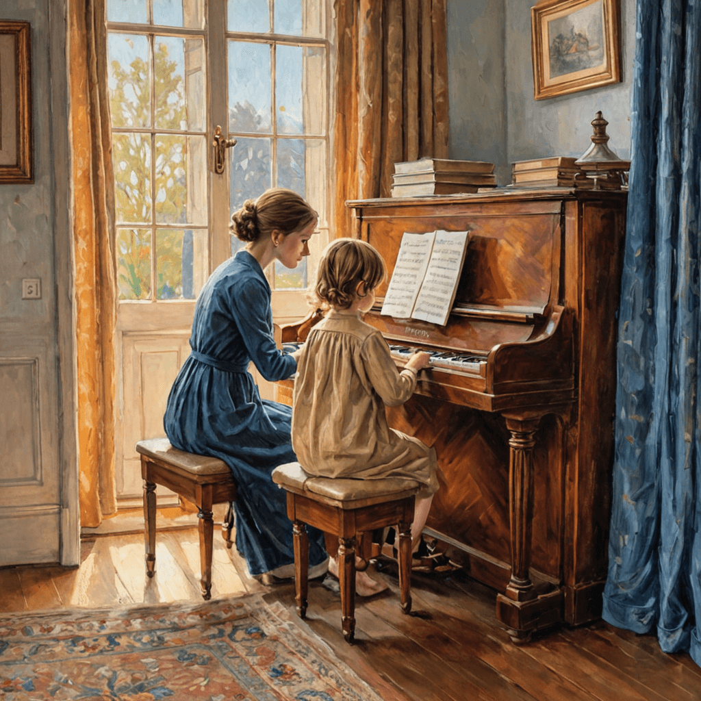 Oil painting of an adult and a child seated at an upright piano in a warm home living room