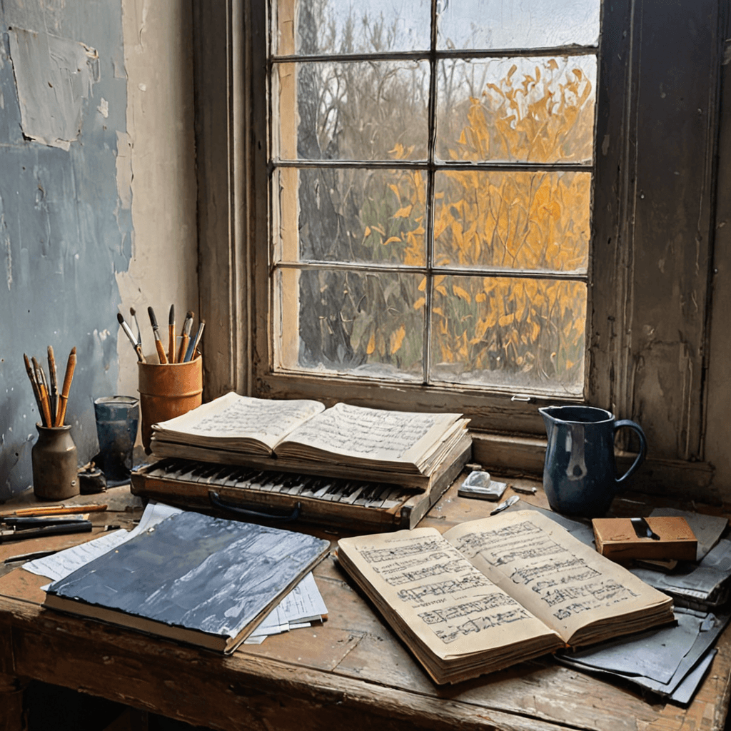 Oil painting of a sketchbook, portfolio case and sheet music arranged on a wooden studio table