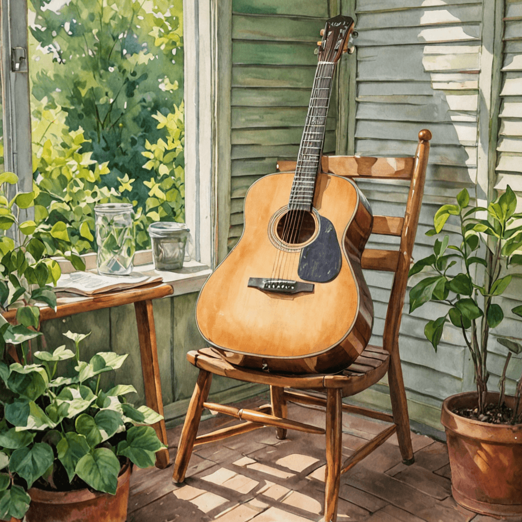 Watercolour illustration of a guitar and sheet music on a sunlit porch in late summer in Etobicoke