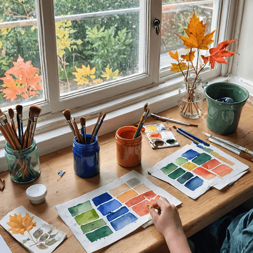 Watercolour illustration of a child's art table with paints, brushes and paper in early autumn light, representing back-to-school art classes for kids