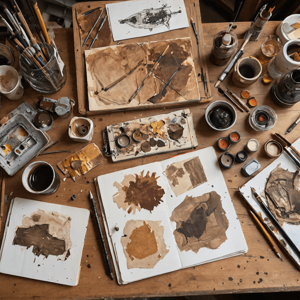 Oil painting of an artist's desk with creature design sketches, thumbnails, and a sketchbook spread open