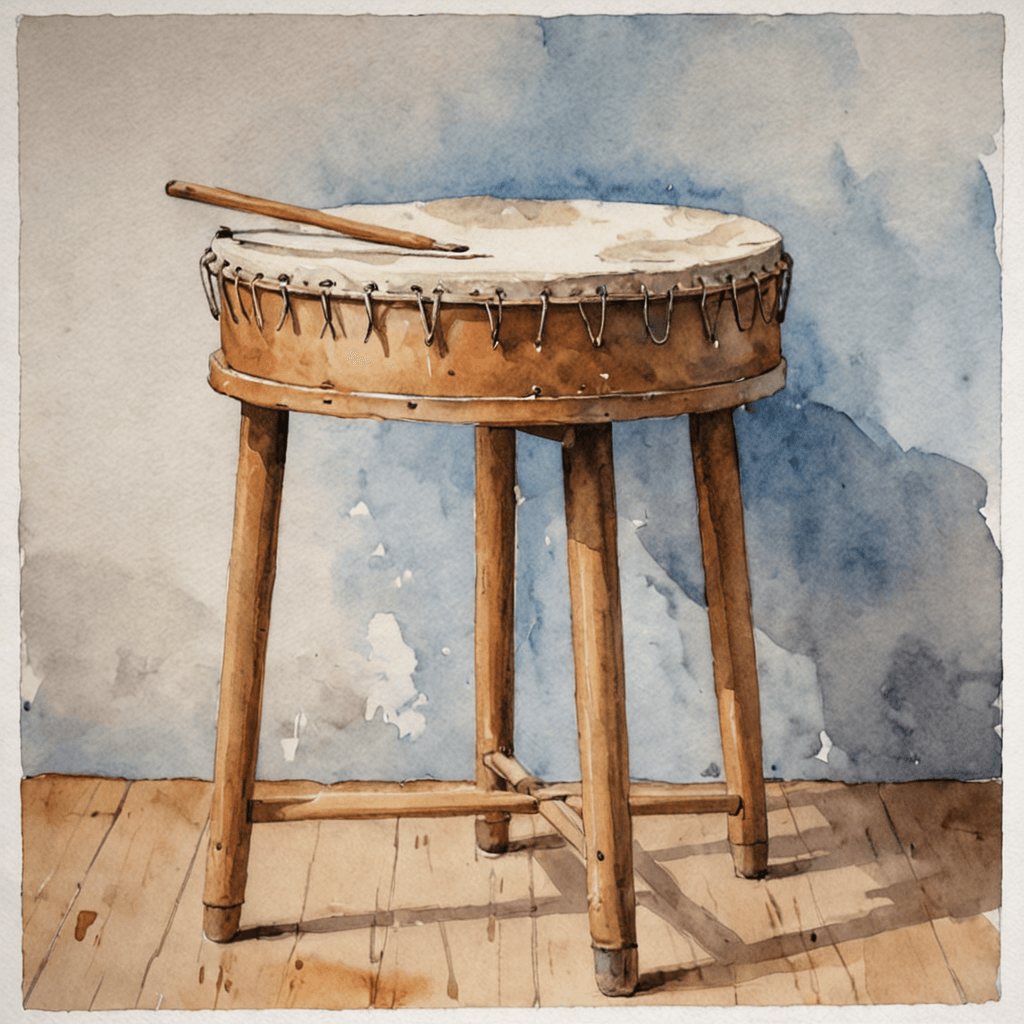Watercolour illustration of a drum practice pad on a stand with drumsticks resting beside it