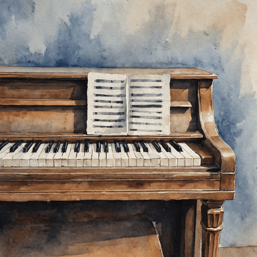 Watercolour illustration of a piano keyboard with a closed exam booklet and a music stand in soft light