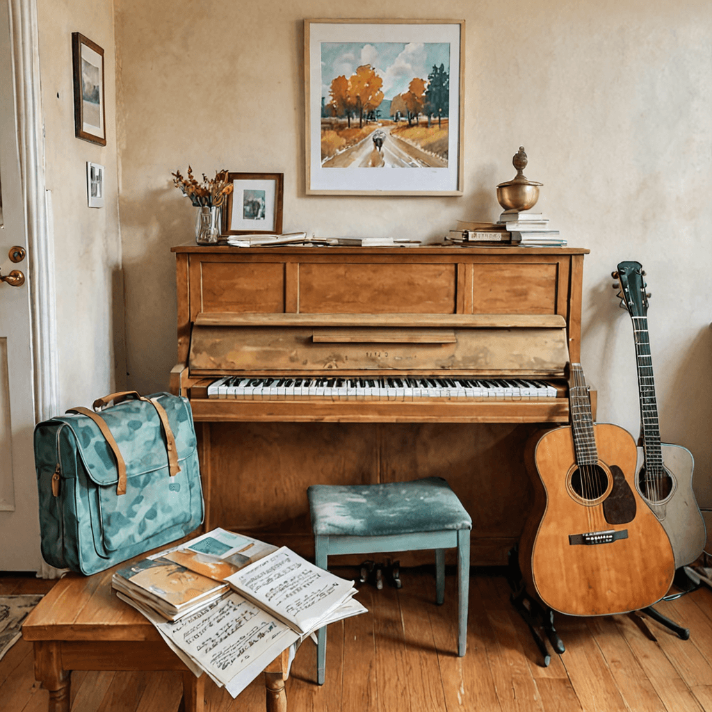 Watercolour illustration of a family calendar beside a piano keyboard and instrument cases in autumn light