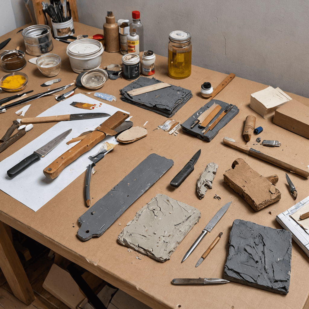 Oil painting of a design studio bench with cardboard models, technical sketches, and a craft knife