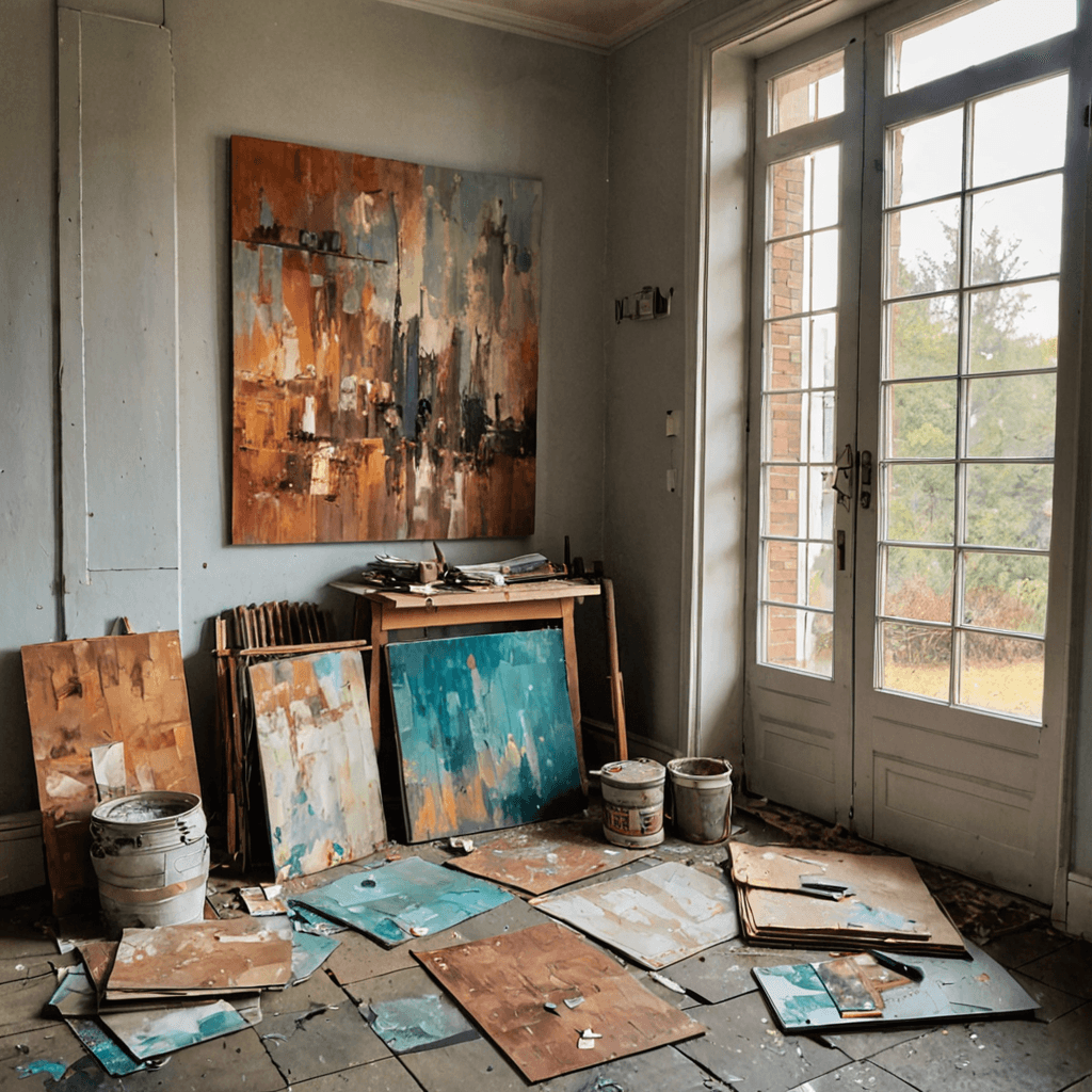 Oil painting style illustration of an art school studio corridor with portfolio boards and easels during an open house visit