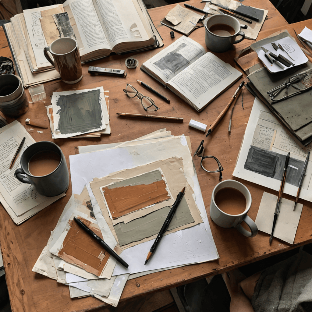 Oil painting style illustration of drawings and sketchbook pages spread across a studio table with annotated notes during a portfolio review