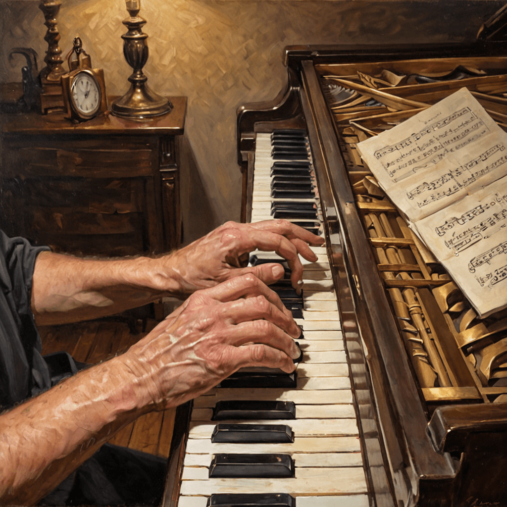 Oil painting of adult hands resting on piano keys with open sheet music in low evening light