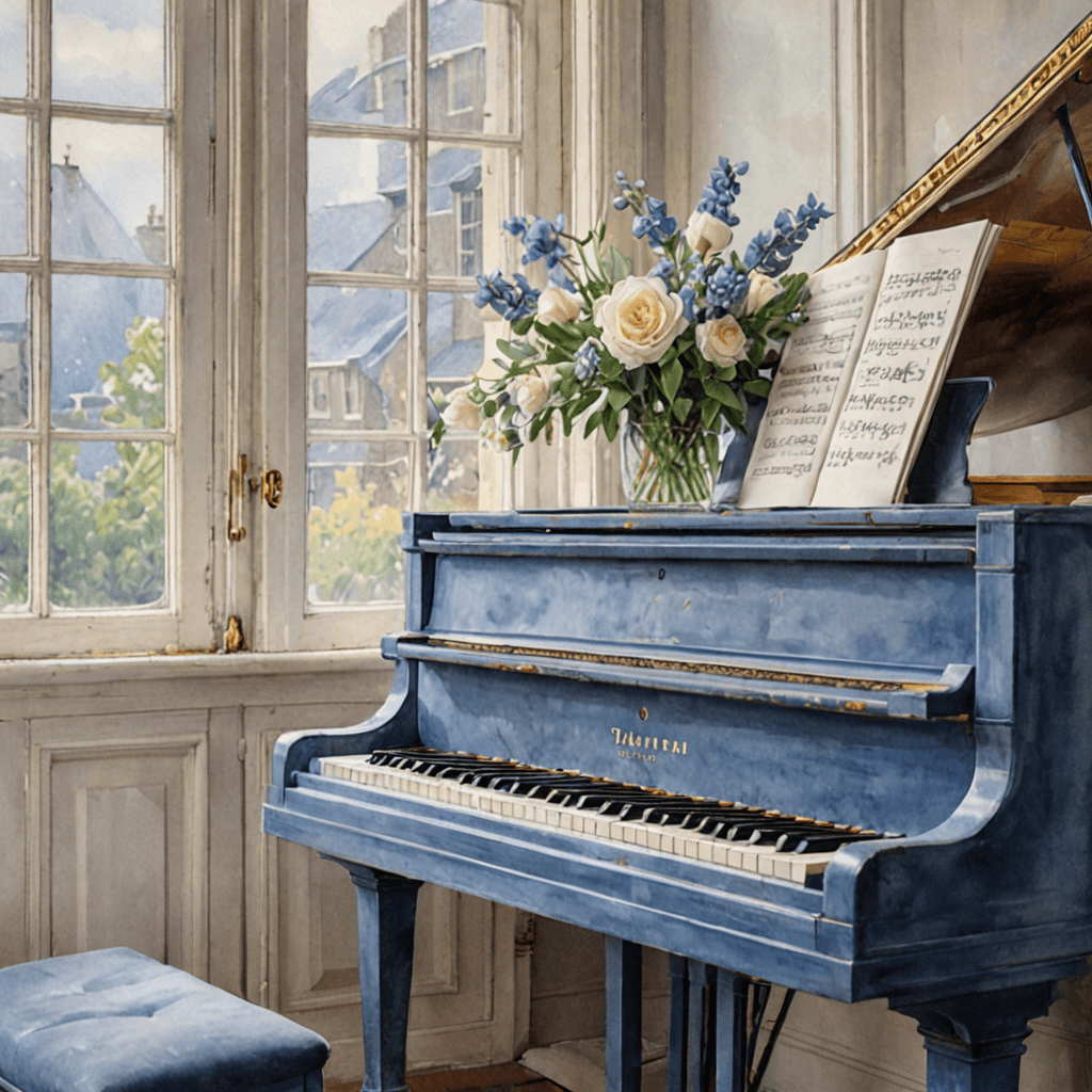 Watercolour illustration of an open piano score and a certificate resting on a piano lid in soft light
