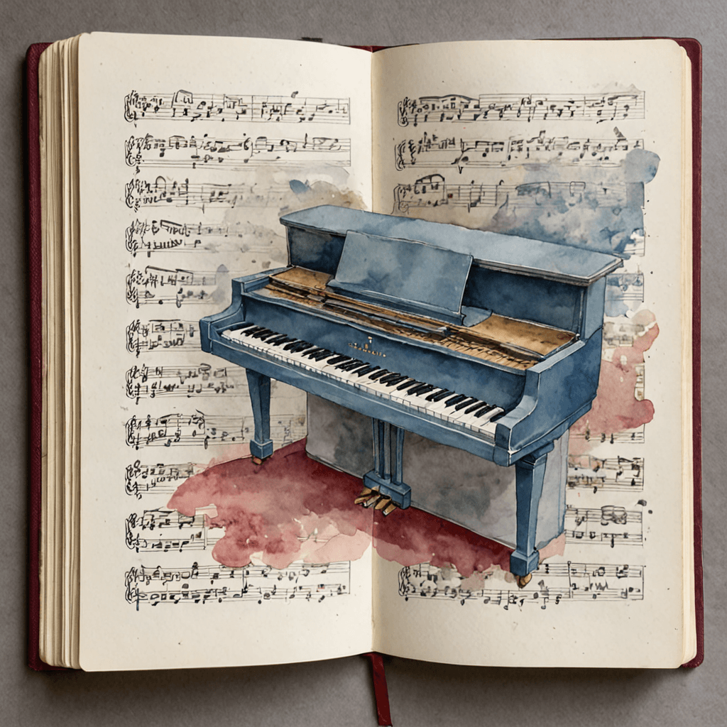 Watercolour illustration of a music theory workbook with handwritten staves, intervals and key signatures beside a pencil and piano keys