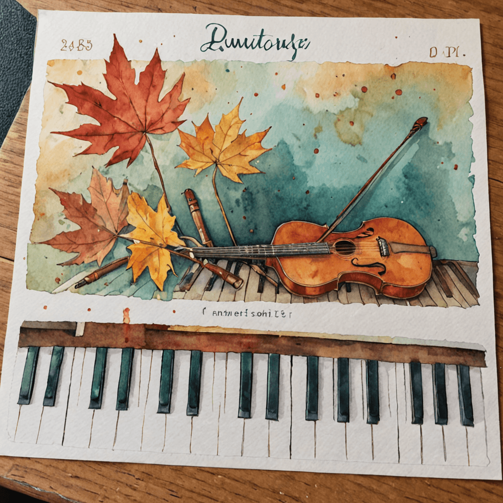 Watercolour illustration of an autumn weekly schedule beside a piano keyboard and guitar, suggesting September music lesson booking in Etobicoke